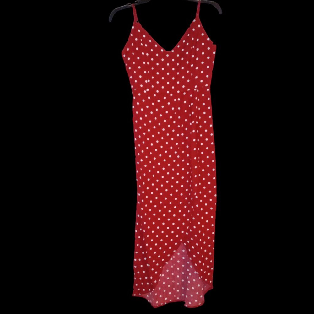 CMZ2005 Red with White Polka Dots Tulip Hem Midi V-Neck Dress Size US 0-2 - NWT